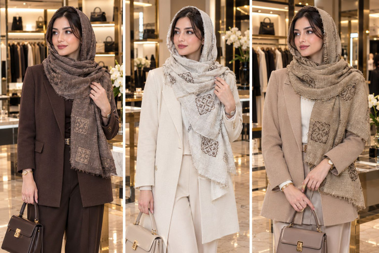 شال کنفی طرح دار دور ریش وارداتی